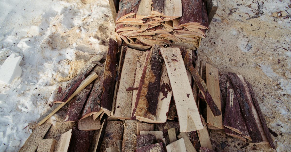 Winter firewood freshly split and stacked in the snow