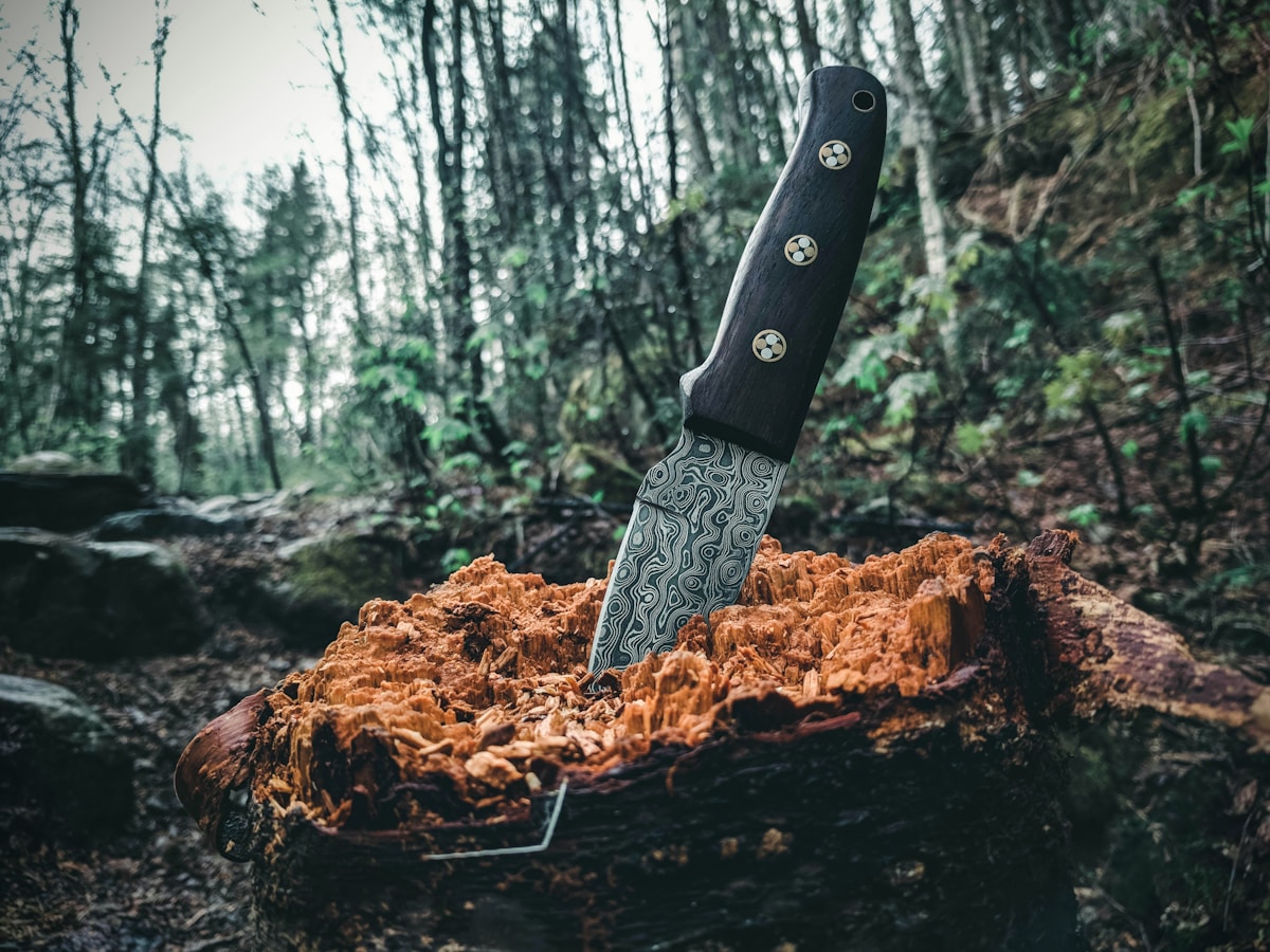 Couteau bushcraft avec trois rivets visibles fixant les plaquettes sur la soie traversante