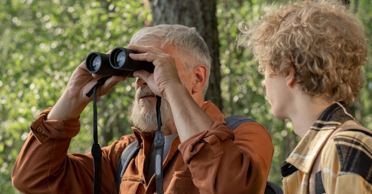 Entry-level hiking binoculars, hiker scanning the forest through binoculars