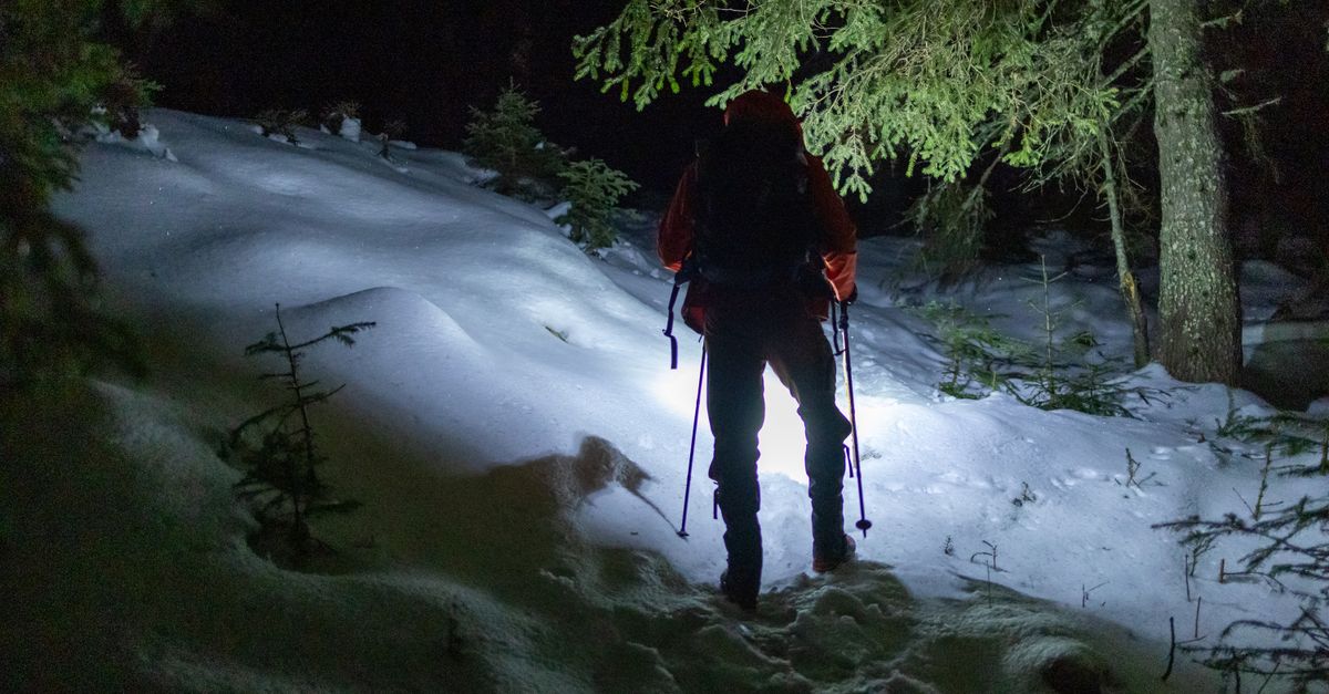 Hiker walking a forest trail at night with a headlamp