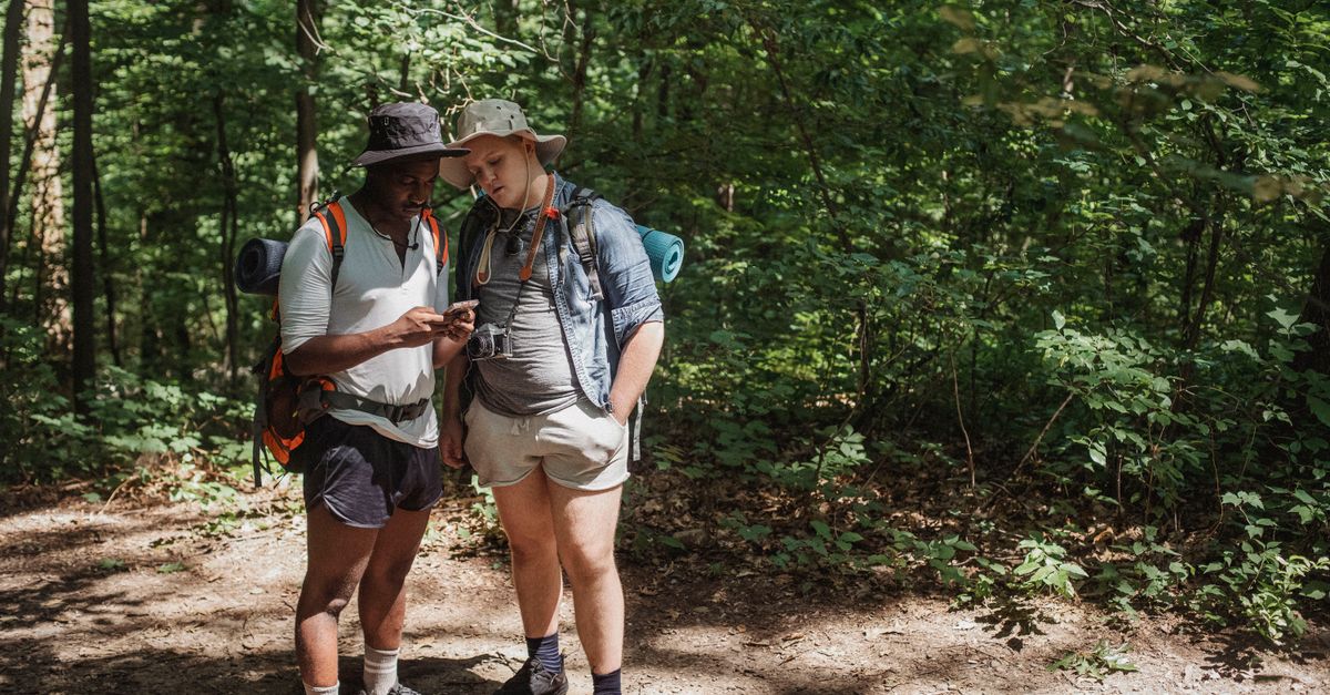 Compact portable power station, hikers checking a phone in the forest
