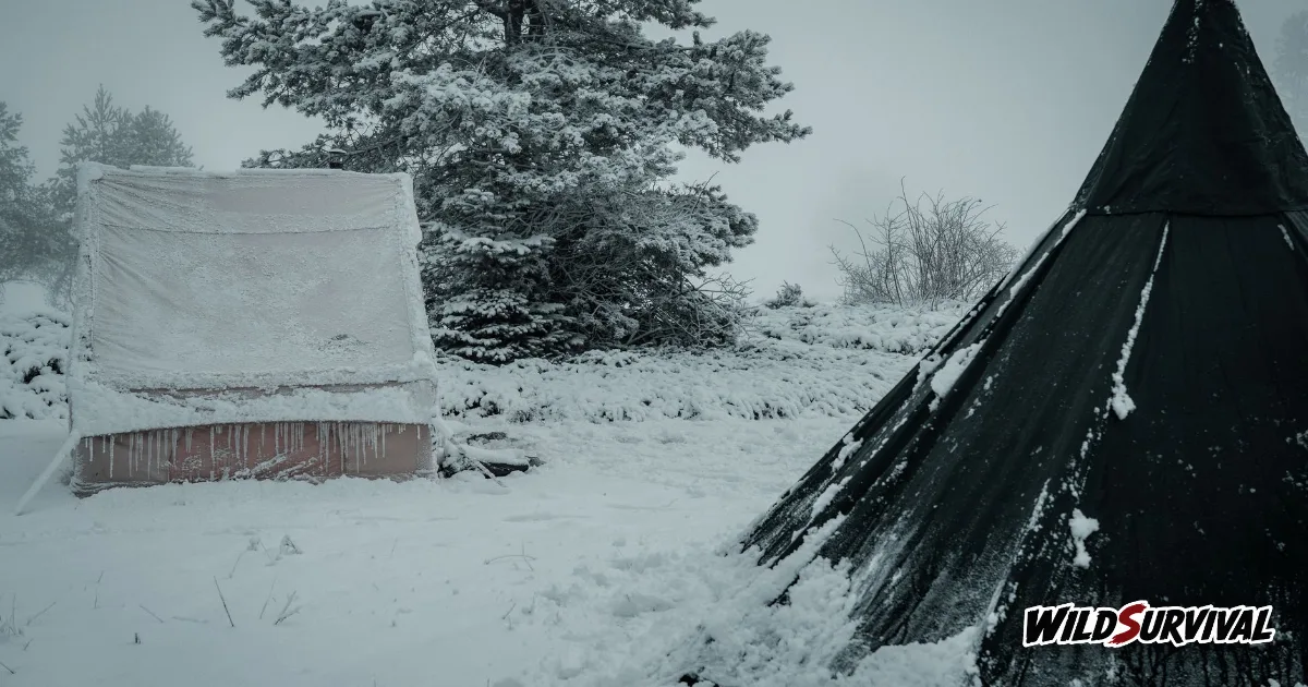 Bivouac en hiver avec deux tentes enneigées au pied d'un grand sapin
