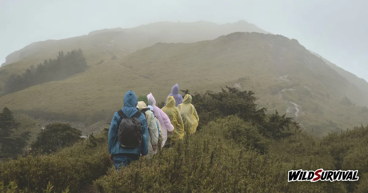Randonnée sous la pluie : groupe en ponchos sur un sentier de montagne brumeux