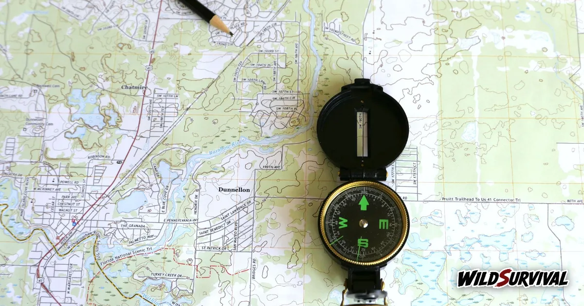 Topographic map spread out with a lensatic compass and a pencil resting on it