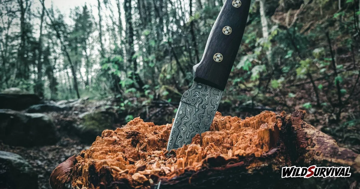 Bâtonnage en forêt : couteau à lame fixe planté dans une souche de bois