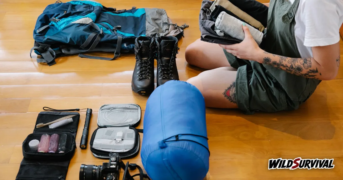 Matériel de randonnée ultralégère étalé au sol : sac à dos, duvet et chaussures